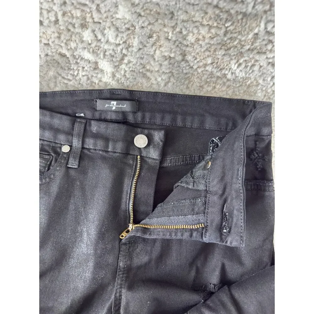 7 For All Mankind Size 27 Distressed Stretch Jeans Black Pants Button Zip Cotton